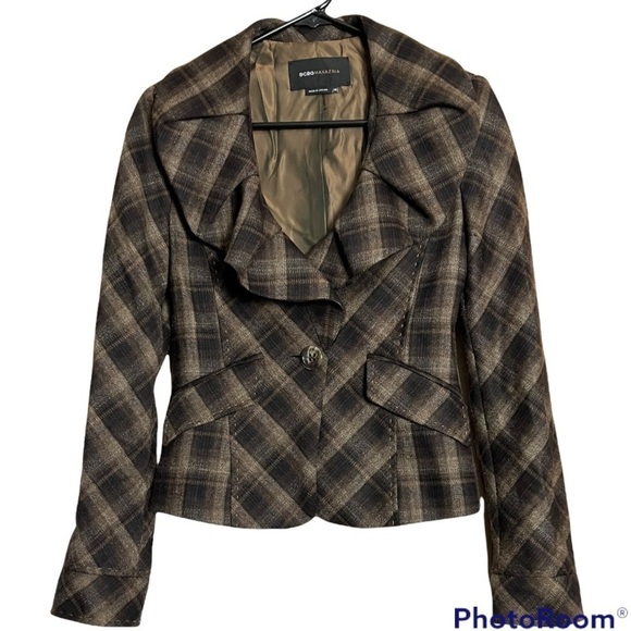 BCBG Maxazria Plaid Ruffle Blazer XS - Picture 1 of 12